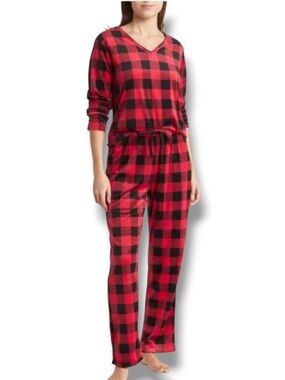 PJ Couture Women's Matching Red Buffalo Check Oh So Soft Velour Pajamas Set